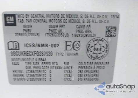 2015 Chevrolet Silverado 1500 1Lt/2Lt из США, поврежденный, VIN 3GCUKRECXFG237926